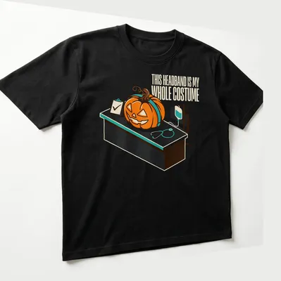 Retro cartoon-style t-shirt featuring a pumpkin and humorous text about a headband costume. — printed on a unisex t-shirt (angled view)