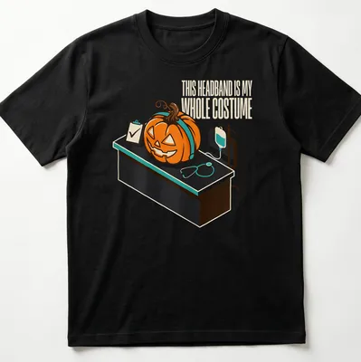 Retro cartoon-style t-shirt featuring a pumpkin and humorous text about a headband costume.