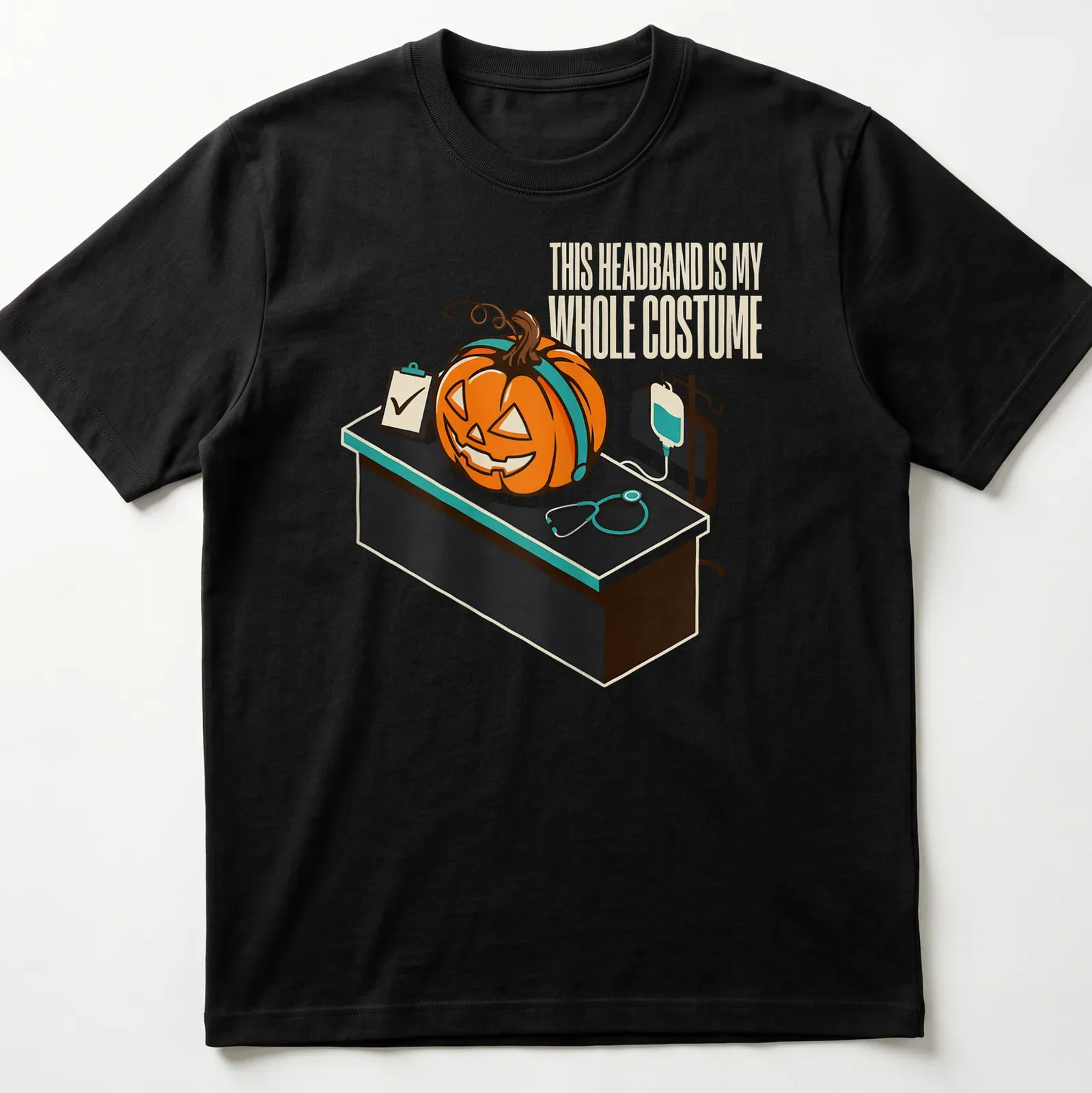 Retro cartoon-style t-shirt featuring a pumpkin and humorous text about a headband costume. — printed on a unisex t-shirt