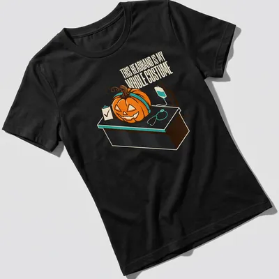 Retro cartoon-style t-shirt featuring a pumpkin and humorous text about a headband costume. — printed on a women's shirt