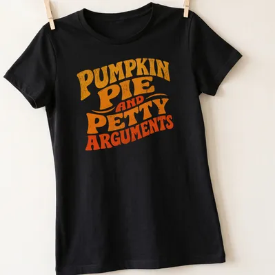 Retro distressed shirt featuring pumpkin pie and humorous text about petty arguments — printed on a women's shirt
