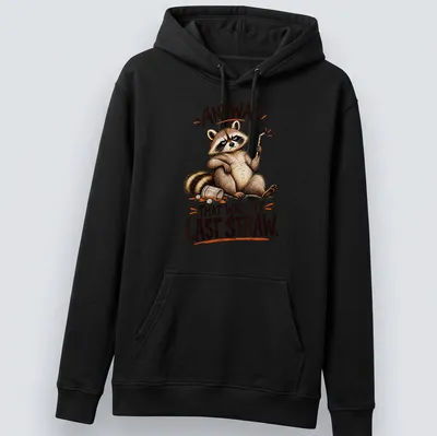 Cartoon raccoon illustration with humorous text saying 'Anyway That Was My Last Straw.' — printed on a unisex hoodie