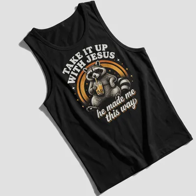 Vintage retro print of a raccoon holding a soda with humorous text — printed on a tank top