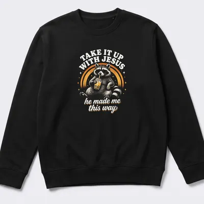 Vintage retro print of a raccoon holding a soda with humorous text — printed on a unisex sweatshirt