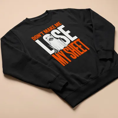 Funny cartoon print of a raccoon ghost with text Don't Make Me Lose My Sheet — printed on a unisex sweatshirt