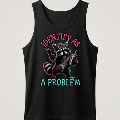 Neon cartoon raccoon with bold text 'IDENTIFY AS A PROBLEM' in pink and blue — printed on a tank top