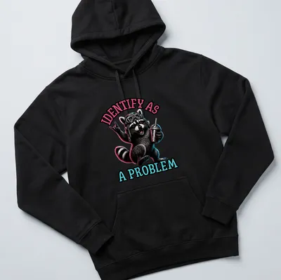Neon cartoon raccoon with bold text 'IDENTIFY AS A PROBLEM' in pink and blue — printed on a unisex hoodie