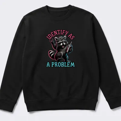 Neon cartoon raccoon with bold text 'IDENTIFY AS A PROBLEM' in pink and blue — printed on a unisex sweatshirt