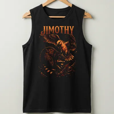 Illustration of raccoon named Jimothy battling a giant bird in orange and brown hues — printed on a tank top