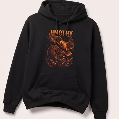 Illustration of raccoon named Jimothy battling a giant bird in orange and brown hues — printed on a unisex hoodie