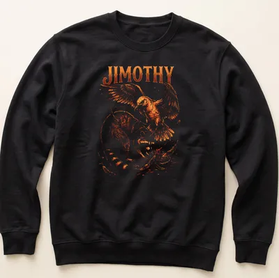 Illustration of raccoon named Jimothy battling a giant bird in orange and brown hues — printed on a unisex sweatshirt