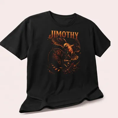 Illustration of raccoon named Jimothy battling a giant bird in orange and brown hues — printed on a unisex t-shirt (angled view)
