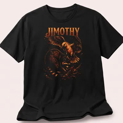 Illustration of raccoon named Jimothy battling a giant bird in orange and brown hues