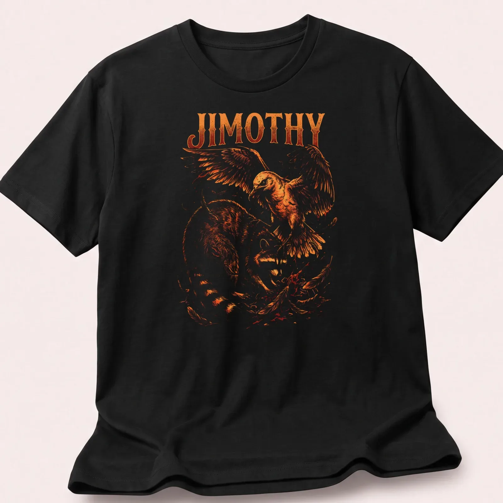 Illustration of raccoon named Jimothy battling a giant bird in orange and brown hues — printed on a unisex t-shirt