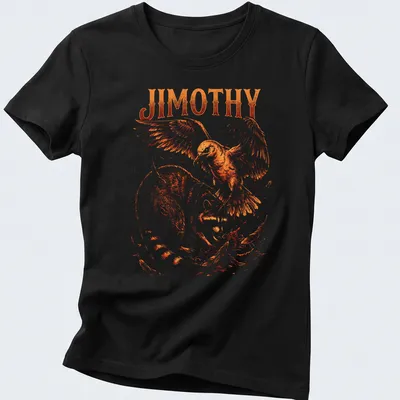 Illustration of raccoon named Jimothy battling a giant bird in orange and brown hues — printed on a women's shirt