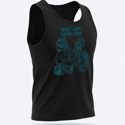 Vintage illustration of raccoons playing poker with the text Night Shift Poker Club — printed on a tank top