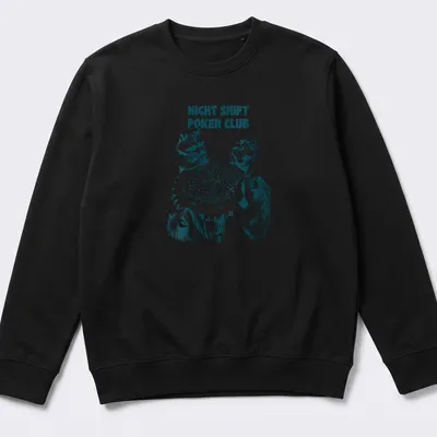 Vintage illustration of raccoons playing poker with the text Night Shift Poker Club — printed on a unisex sweatshirt