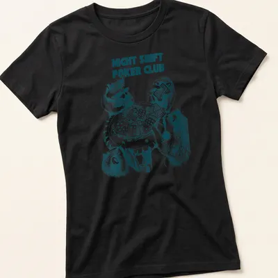 Vintage illustration of raccoons playing poker with the text Night Shift Poker Club — printed on a women's shirt