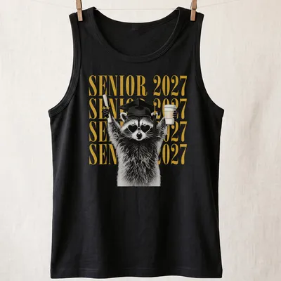 Funny cartoon raccoon with SENIOR 2027 lettering in black, gold, and white — printed on a tank top