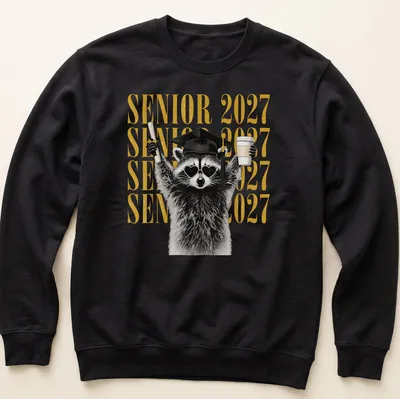 Funny cartoon raccoon with SENIOR 2027 lettering in black, gold, and white — printed on a unisex sweatshirt