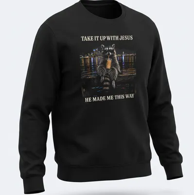 Stylized illustration of a cheeky raccoon with humorous text about Jesus. — printed on a unisex sweatshirt