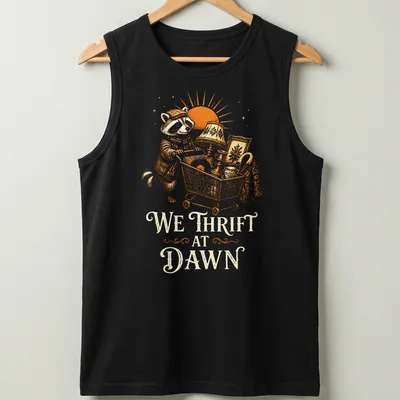 Vintage illustration of a raccoon with the text 'We Thrift At Dawn' in orange and cream — printed on a tank top