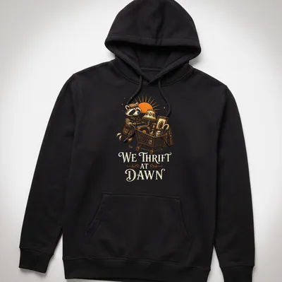 Vintage illustration of a raccoon with the text 'We Thrift At Dawn' in orange and cream — printed on a unisex hoodie
