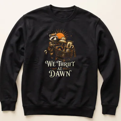 Vintage illustration of a raccoon with the text 'We Thrift At Dawn' in orange and cream — printed on a unisex sweatshirt