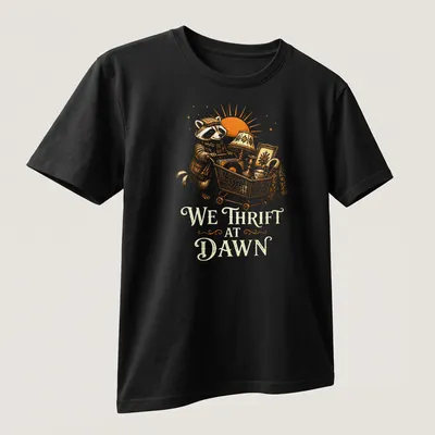 Vintage illustration of a raccoon with the text 'We Thrift At Dawn' in orange and cream — printed on a unisex t-shirt (angled view)