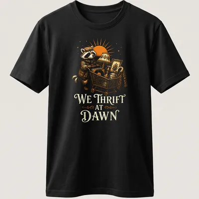 Vintage illustration of a raccoon with the text 'We Thrift At Dawn' in orange and cream
