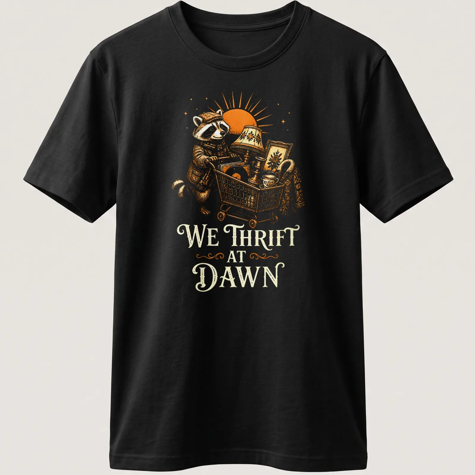 Vintage illustration of a raccoon with the text 'We Thrift At Dawn' in orange and cream — printed on a unisex t-shirt