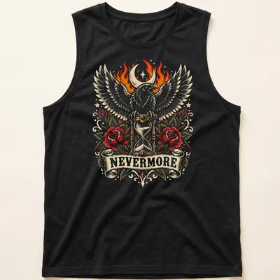 Gothic t-shirt featuring a raven, hourglass, flames, and roses with the word NEVERMORE — printed on a tank top