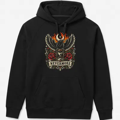 Gothic t-shirt featuring a raven, hourglass, flames, and roses with the word NEVERMORE — printed on a unisex hoodie