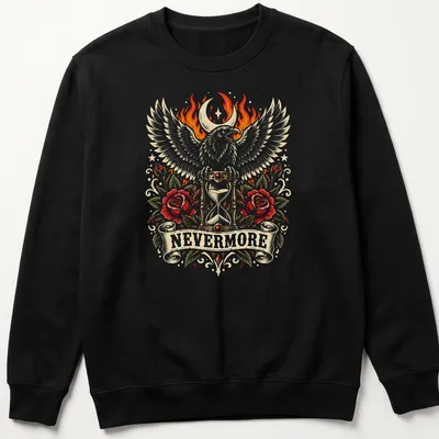 Gothic t-shirt featuring a raven, hourglass, flames, and roses with the word NEVERMORE — printed on a unisex sweatshirt