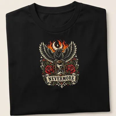 Gothic t-shirt featuring a raven, hourglass, flames, and roses with the word NEVERMORE