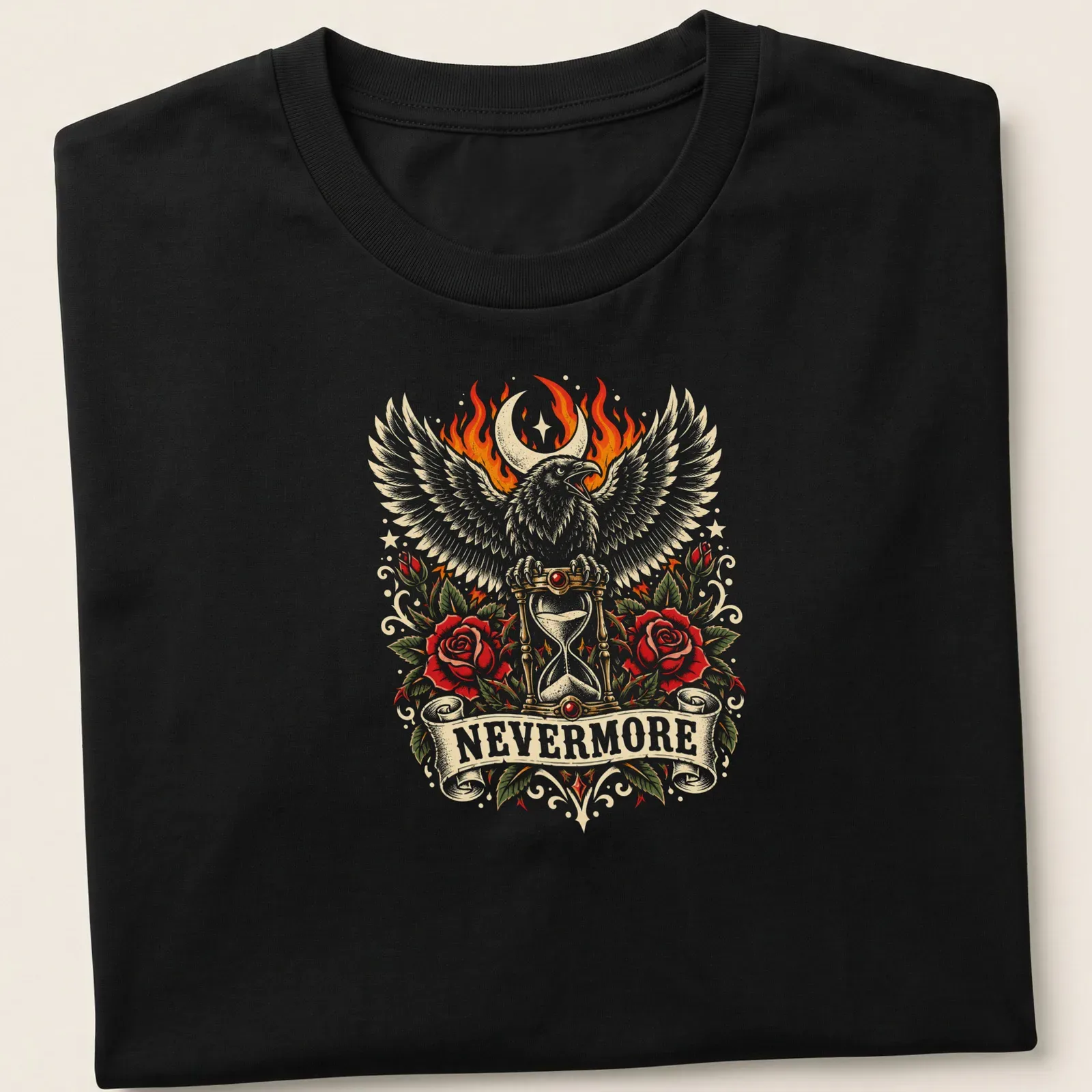 Gothic t-shirt featuring a raven, hourglass, flames, and roses with the word NEVERMORE — printed on a unisex t-shirt