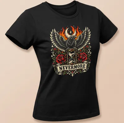 Gothic t-shirt featuring a raven, hourglass, flames, and roses with the word NEVERMORE — printed on a women's shirt