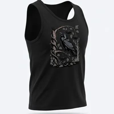 Woodcut illustration of a raven perched on a branch in black, gray, white, and green — printed on a tank top