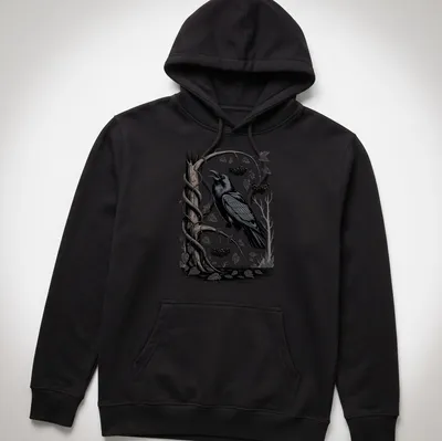 Woodcut illustration of a raven perched on a branch in black, gray, white, and green — printed on a unisex hoodie