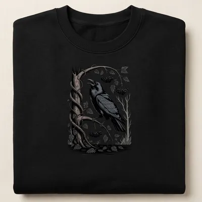 Woodcut illustration of a raven perched on a branch in black, gray, white, and green — printed on a unisex sweatshirt