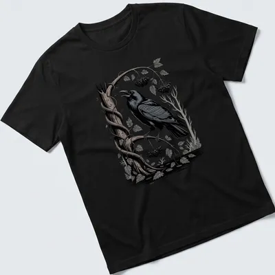 Woodcut illustration of a raven perched on a branch in black, gray, white, and green