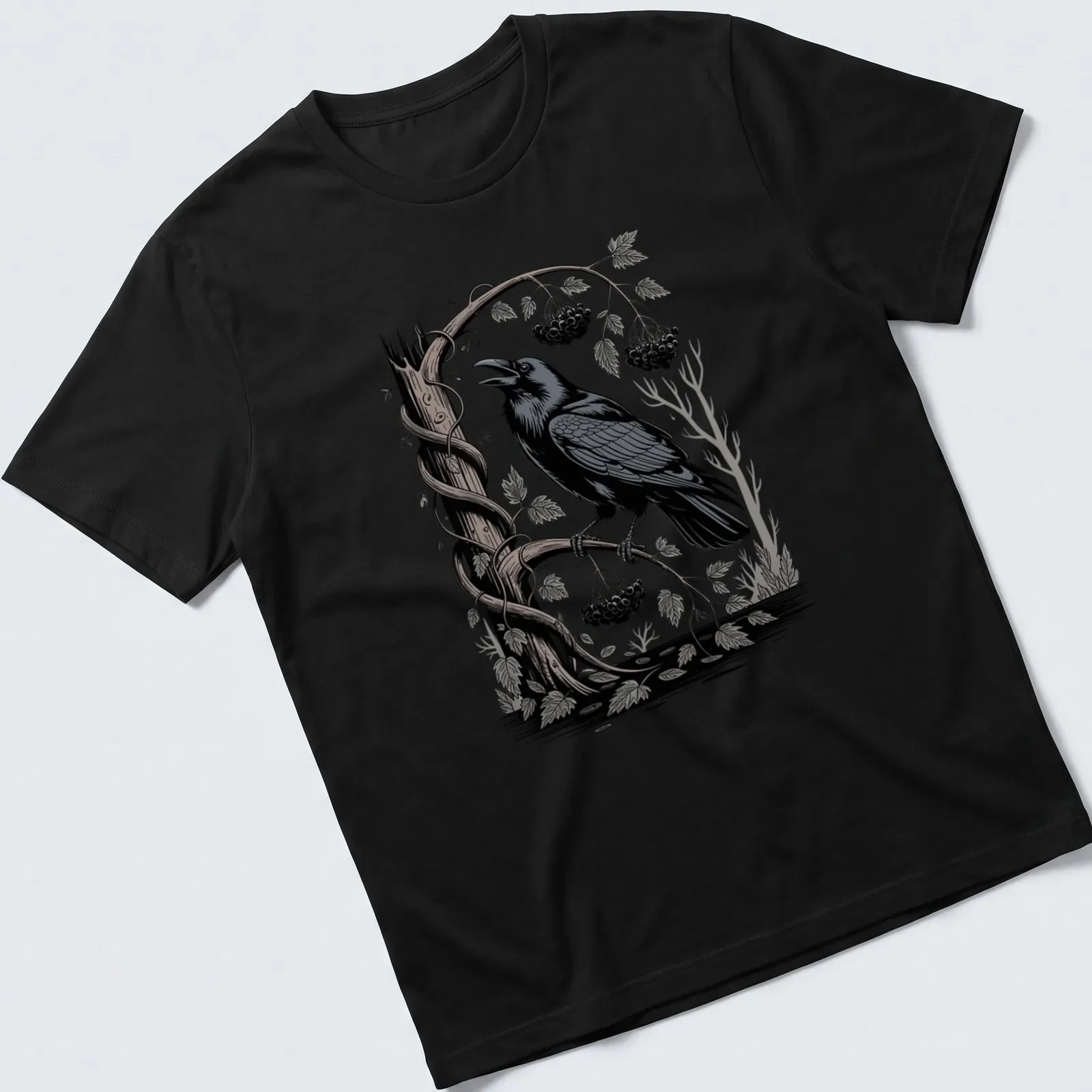 Woodcut illustration of a raven perched on a branch in black, gray, white, and green — printed on a unisex t-shirt