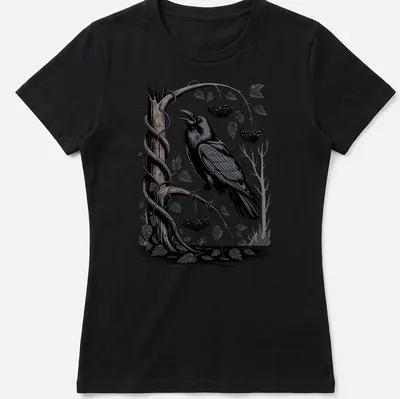 Woodcut illustration of a raven perched on a branch in black, gray, white, and green — printed on a women's shirt
