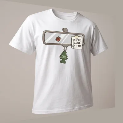 Cartoonish rearview mirror with a ladybug and the text You're Gonna Go Far — printed on a unisex t-shirt (angled view)