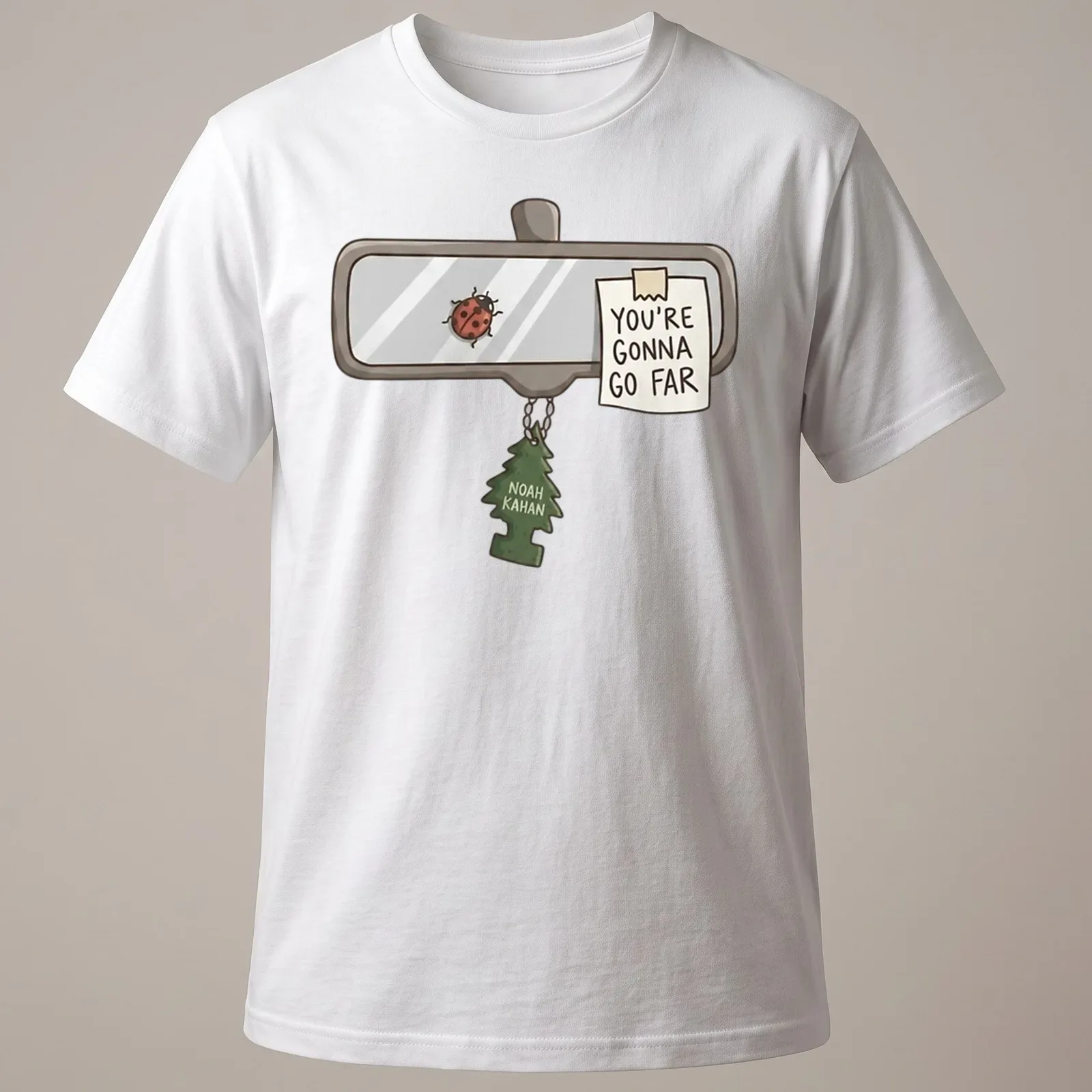 Cartoonish rearview mirror with a ladybug and the text You're Gonna Go Far — printed on a unisex t-shirt