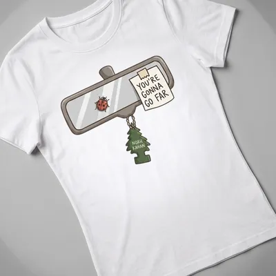 Cartoonish rearview mirror with a ladybug and the text You're Gonna Go Far — printed on a women's shirt