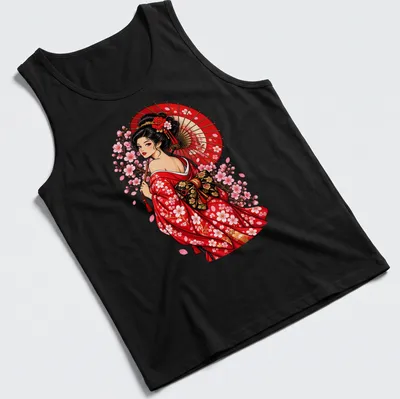 Illustration of a Kimono girl with a parasol and cherry blossoms in vibrant colors. — printed on a tank top