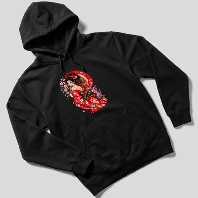 Illustration of a Kimono girl with a parasol and cherry blossoms in vibrant colors. — printed on a unisex hoodie