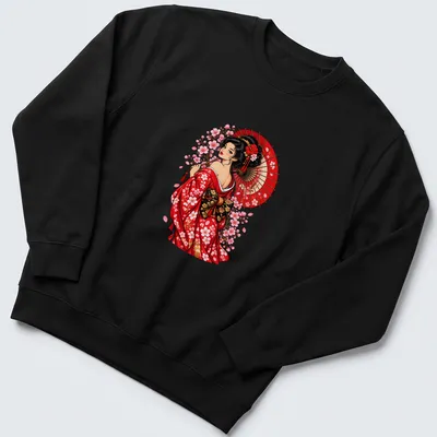 Illustration of a Kimono girl with a parasol and cherry blossoms in vibrant colors. — printed on a unisex sweatshirt