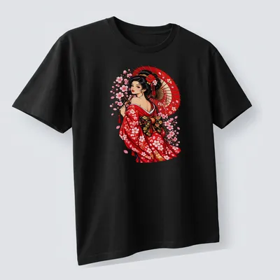 Illustration of a Kimono girl with a parasol and cherry blossoms in vibrant colors. — printed on a unisex t-shirt (angled view)
